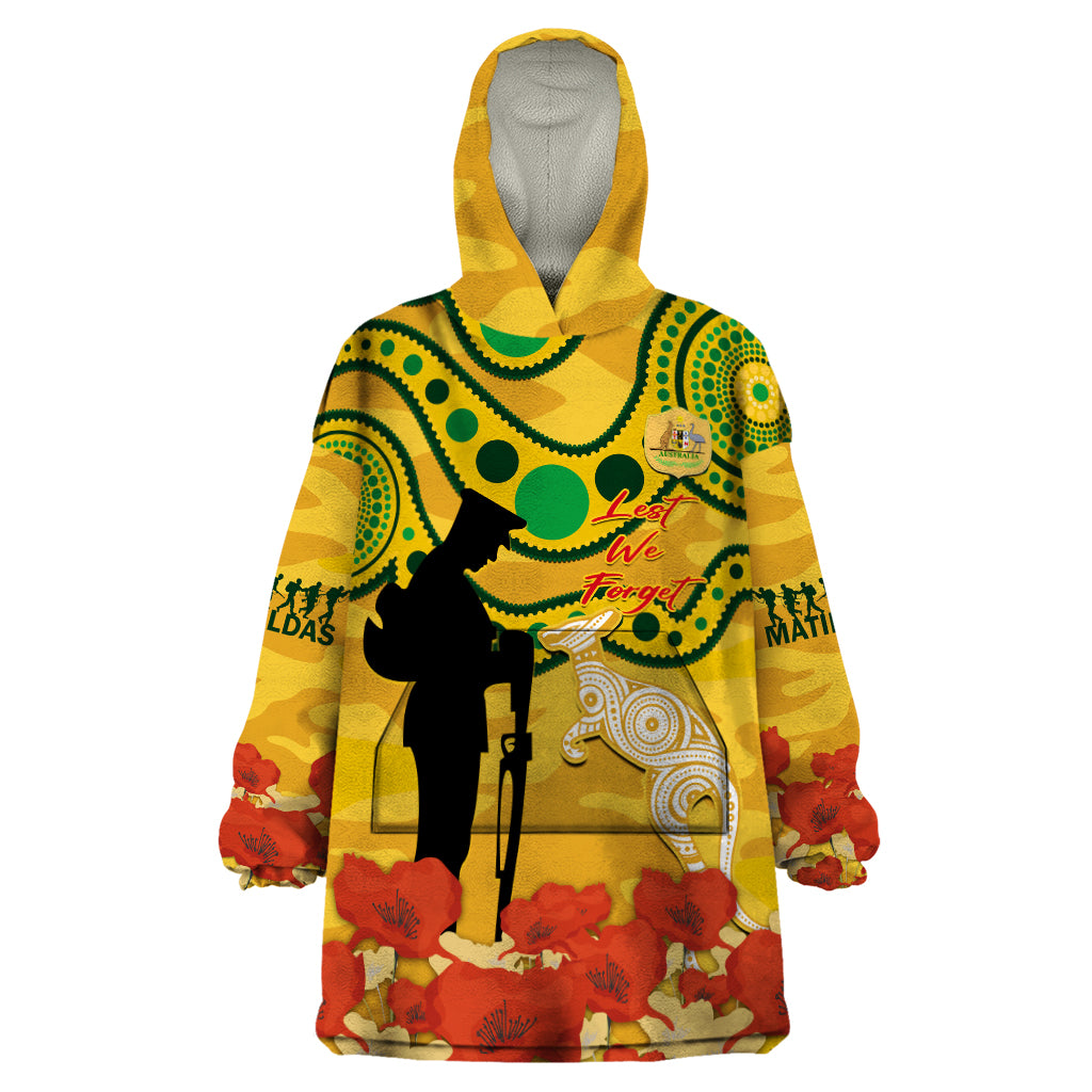 Custom Matildas ANZAC Day Wearable Blanket Hoodie Lest We Forget Poppies Mix Camouflage Gold - Vibe Hoodie Shop