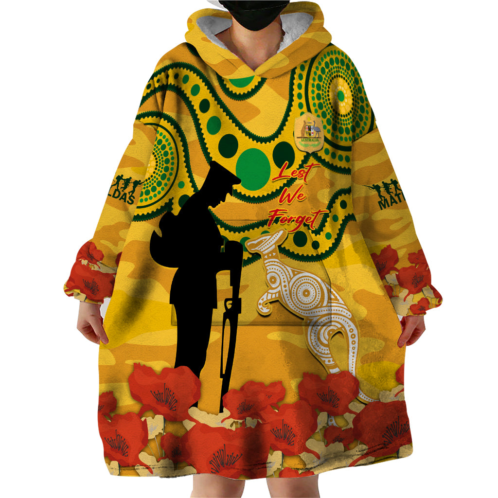 Custom Matildas ANZAC Day Wearable Blanket Hoodie Lest We Forget Poppies Mix Camouflage Gold - Vibe Hoodie Shop