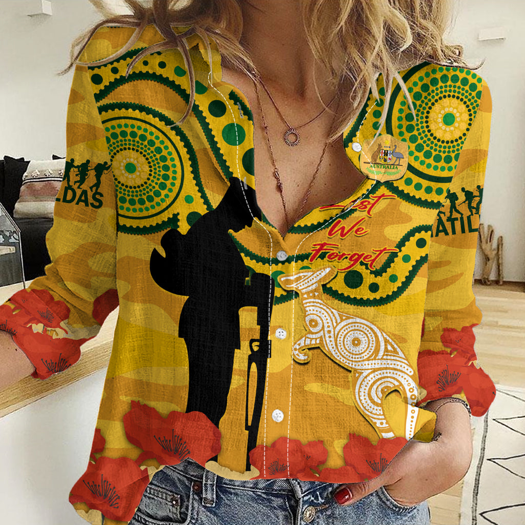 Custom Matildas ANZAC Day Women Casual Shirt Lest We Forget Poppies Mix Camouflage Gold - Vibe Hoodie Shop