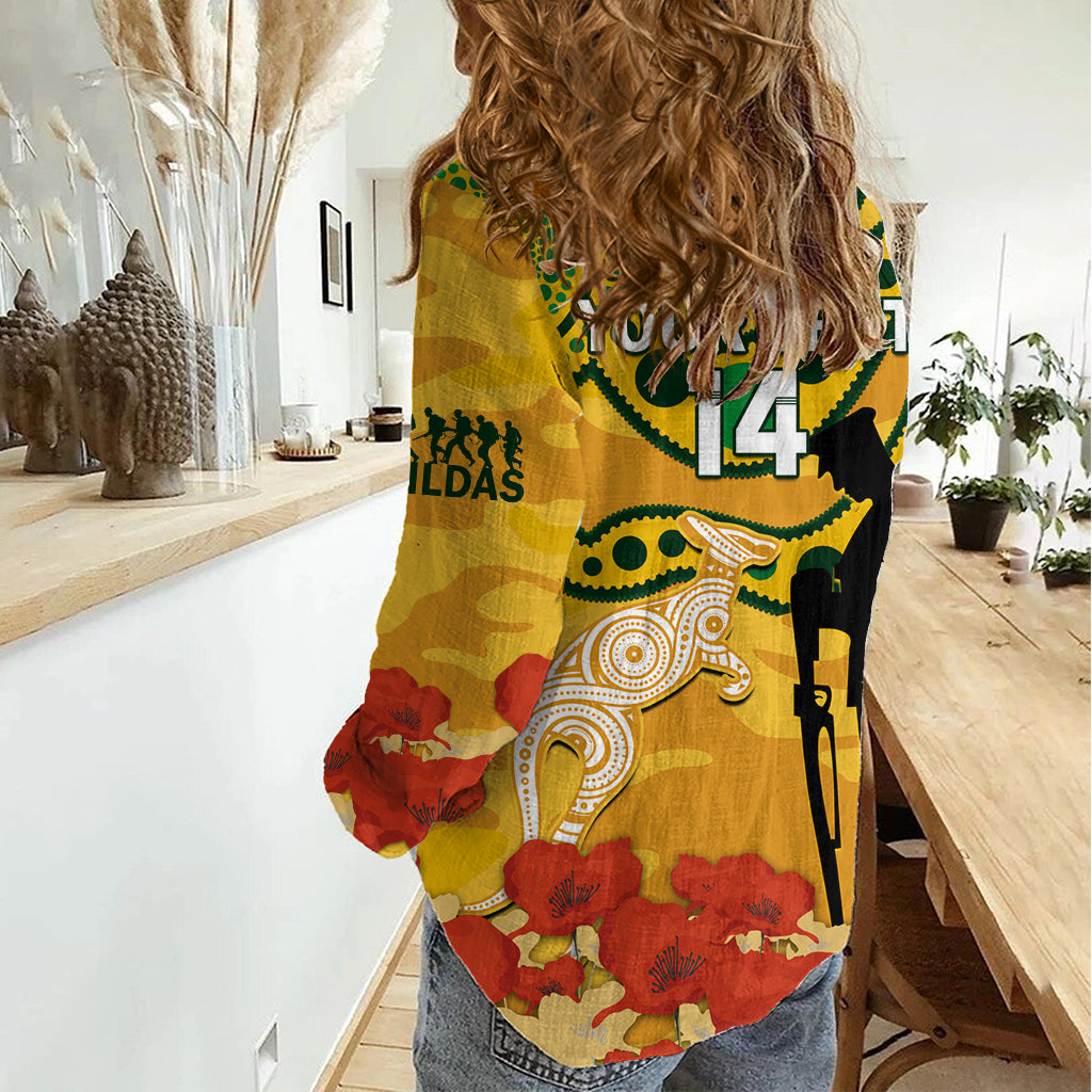 Custom Matildas ANZAC Day Women Casual Shirt Lest We Forget Poppies Mix Camouflage Gold - Vibe Hoodie Shop