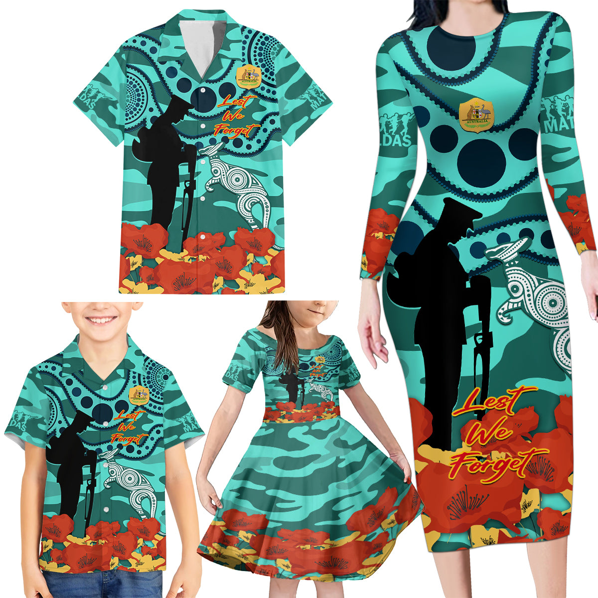 Custom Matildas ANZAC Day Family Matching Long Sleeve Bodycon Dress and Hawaiian Shirt Lest We Forget Poppies Mix Camouflage Turquoise