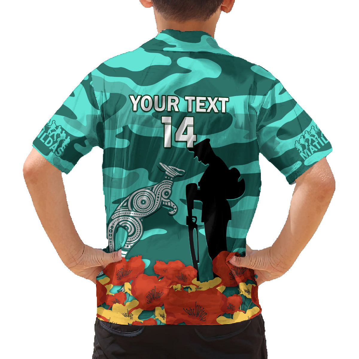 Custom Matildas ANZAC Day Family Matching Long Sleeve Bodycon Dress and Hawaiian Shirt Lest We Forget Poppies Mix Camouflage Turquoise