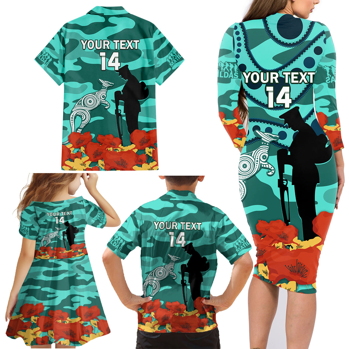 Custom Matildas ANZAC Day Family Matching Long Sleeve Bodycon Dress and Hawaiian Shirt Lest We Forget Poppies Mix Camouflage Turquoise