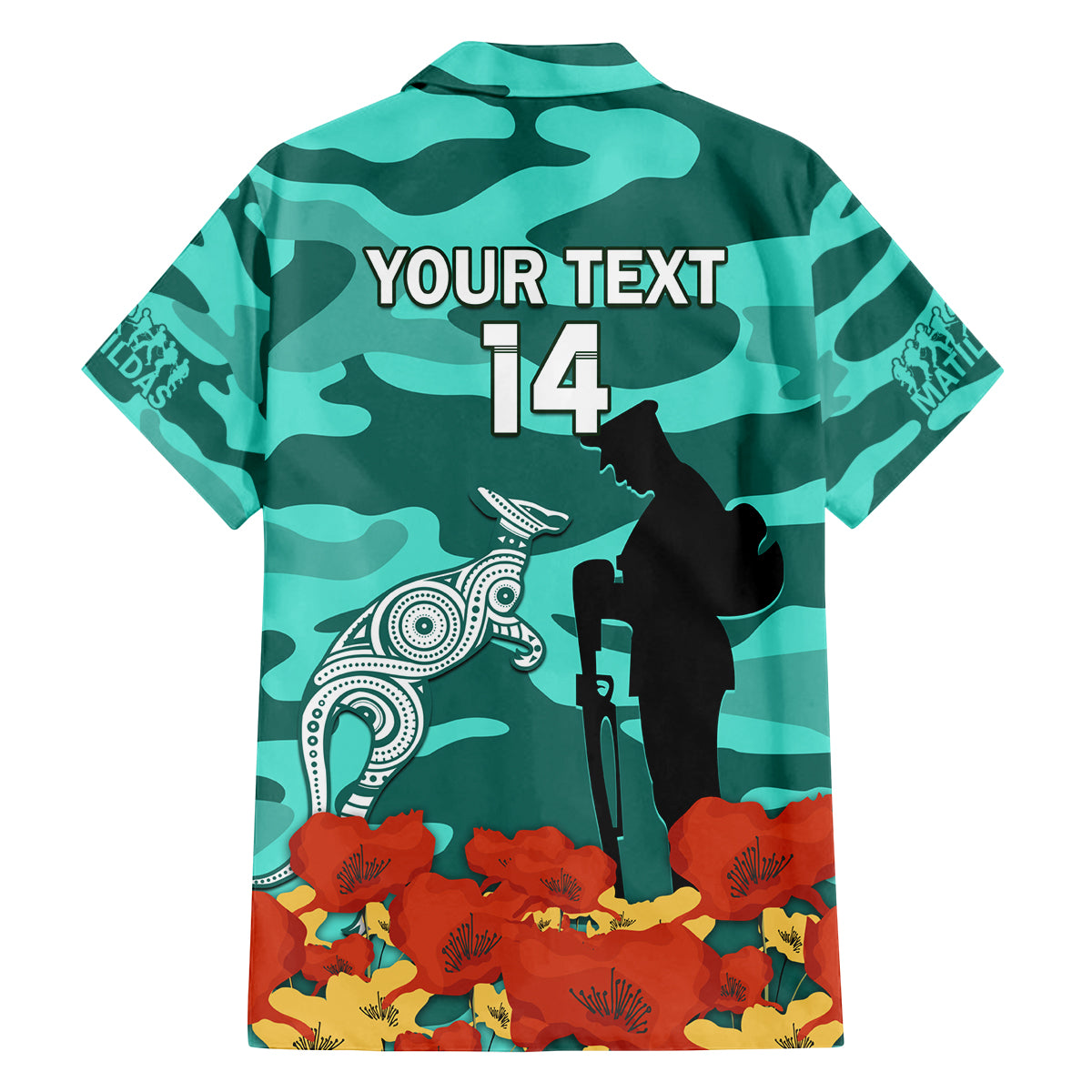 Custom Matildas ANZAC Day Family Matching Long Sleeve Bodycon Dress and Hawaiian Shirt Lest We Forget Poppies Mix Camouflage Turquoise