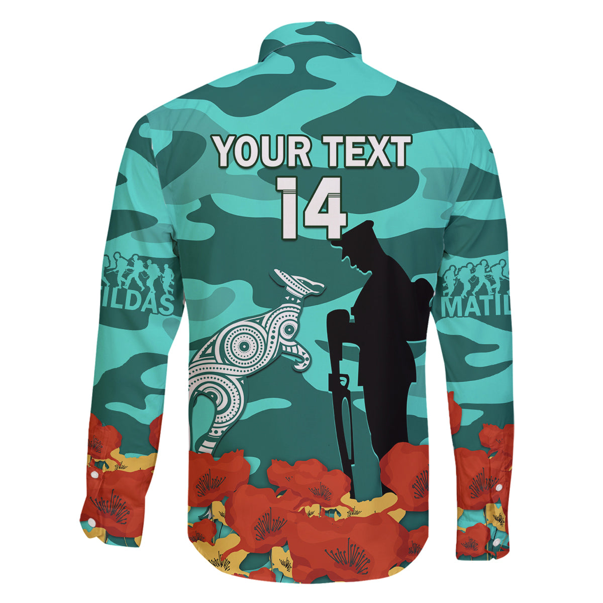 Custom Matildas ANZAC Day Family Matching Long Sleeve Bodycon Dress and Hawaiian Shirt Lest We Forget Poppies Mix Camouflage Turquoise