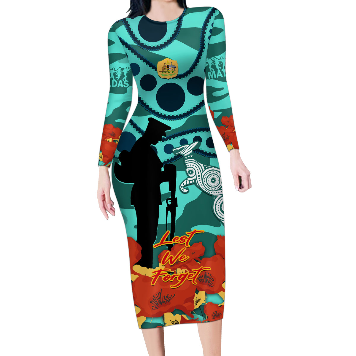 Custom Matildas ANZAC Day Family Matching Long Sleeve Bodycon Dress and Hawaiian Shirt Lest We Forget Poppies Mix Camouflage Turquoise