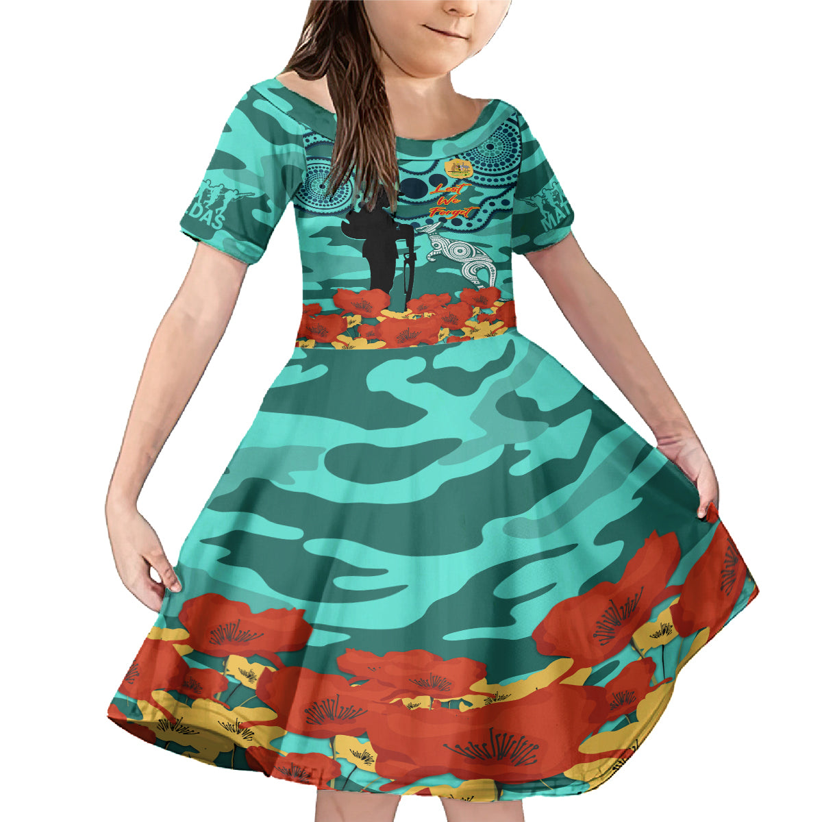 Custom Matildas ANZAC Day Family Matching Mermaid Dress and Hawaiian Shirt Lest We Forget Poppies Mix Camouflage Turquoise