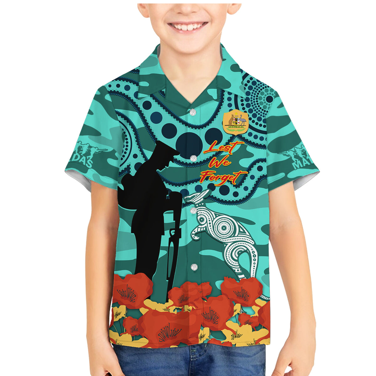 Custom Matildas ANZAC Day Family Matching Mermaid Dress and Hawaiian Shirt Lest We Forget Poppies Mix Camouflage Turquoise