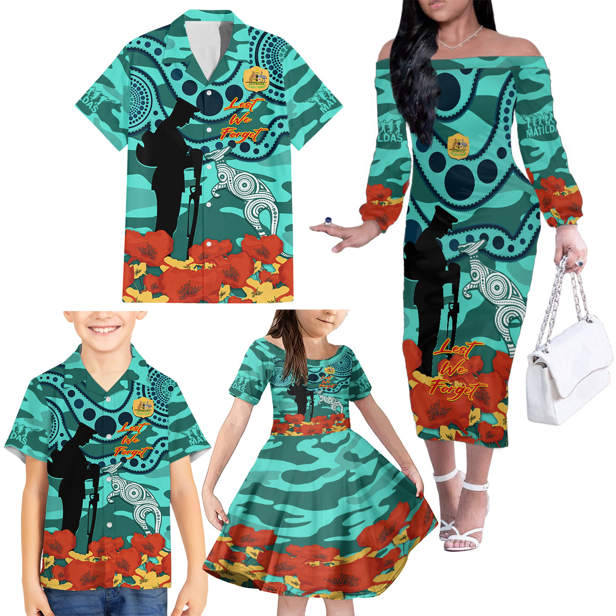 Custom Matildas ANZAC Day Family Matching Off Shoulder Long Sleeve Dress and Hawaiian Shirt Lest We Forget Poppies Mix Camouflage Turquoise