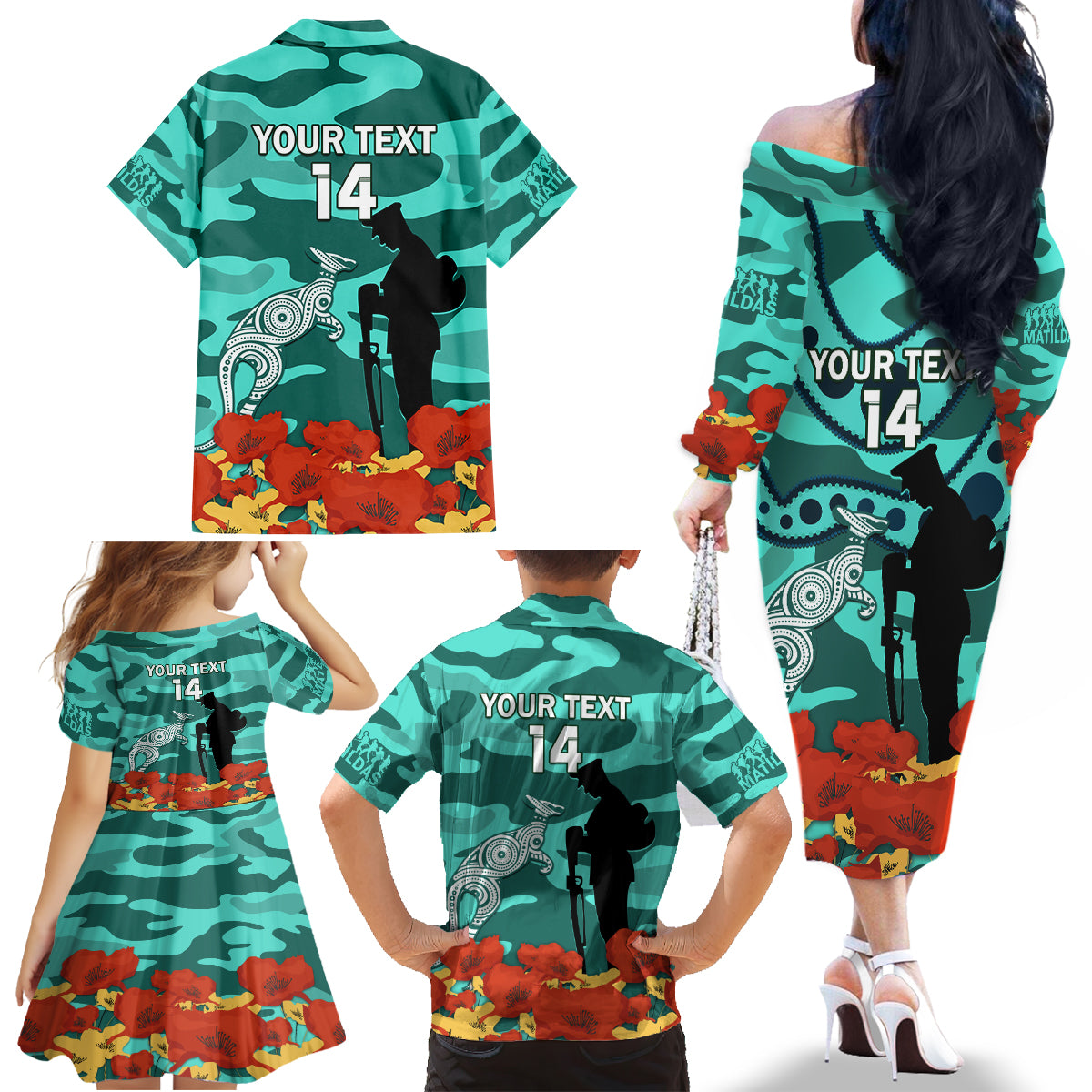 Custom Matildas ANZAC Day Family Matching Off Shoulder Long Sleeve Dress and Hawaiian Shirt Lest We Forget Poppies Mix Camouflage Turquoise