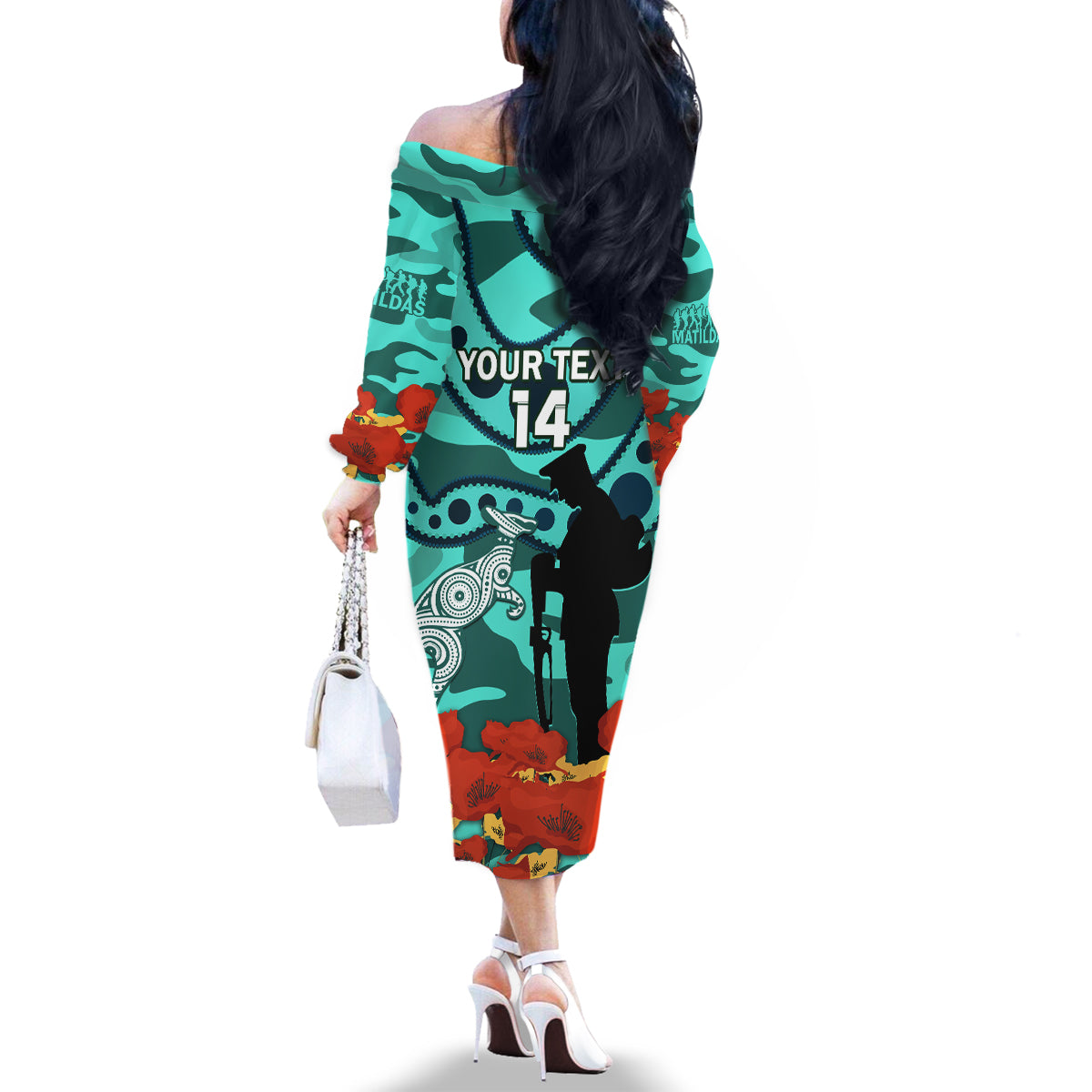 Custom Matildas ANZAC Day Family Matching Off Shoulder Long Sleeve Dress and Hawaiian Shirt Lest We Forget Poppies Mix Camouflage Turquoise