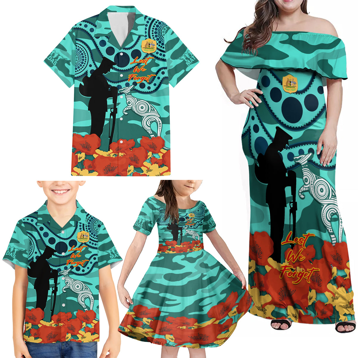 Custom Matildas ANZAC Day Family Matching Off Shoulder Maxi Dress and Hawaiian Shirt Lest We Forget Poppies Mix Camouflage Turquoise