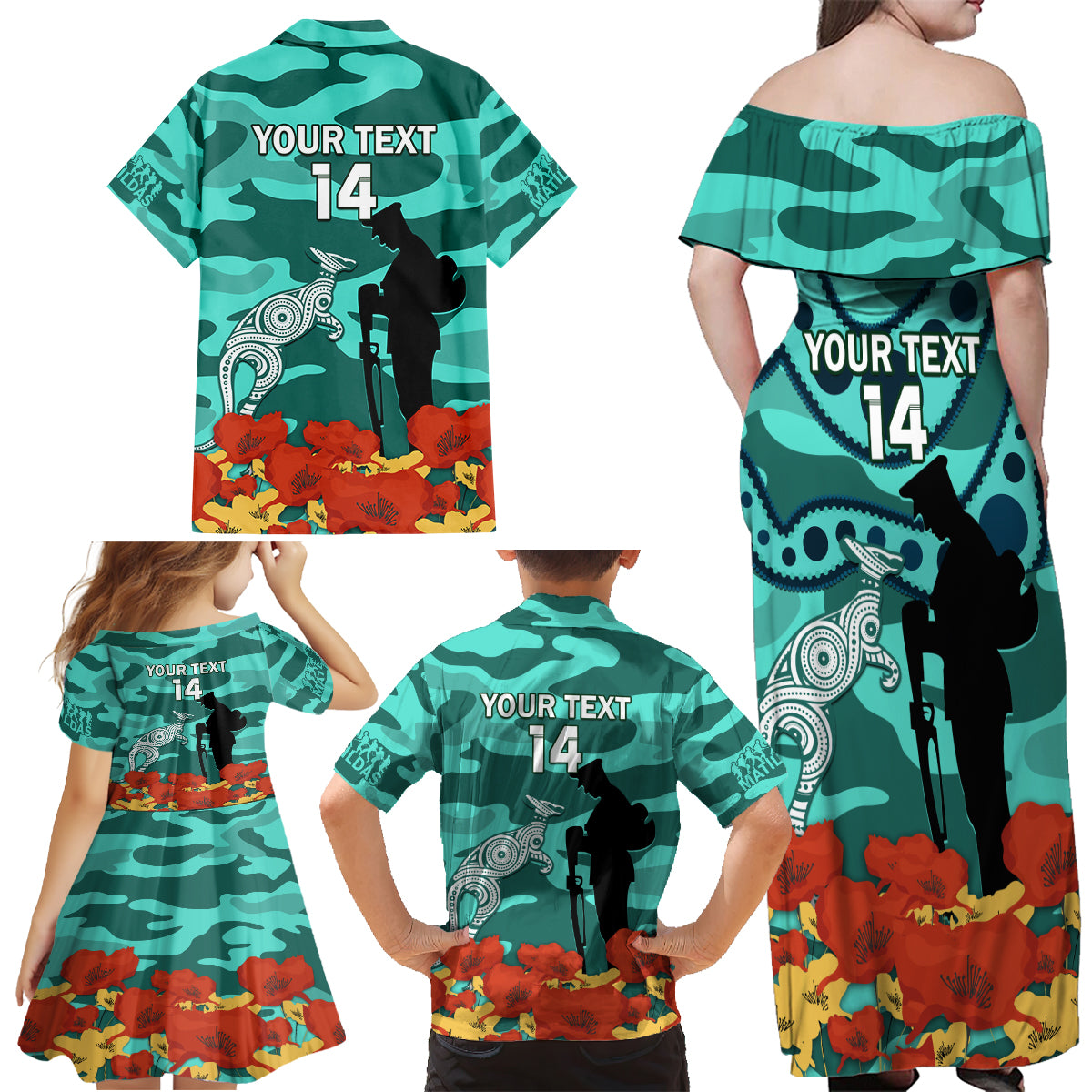 Custom Matildas ANZAC Day Family Matching Off Shoulder Maxi Dress and Hawaiian Shirt Lest We Forget Poppies Mix Camouflage Turquoise