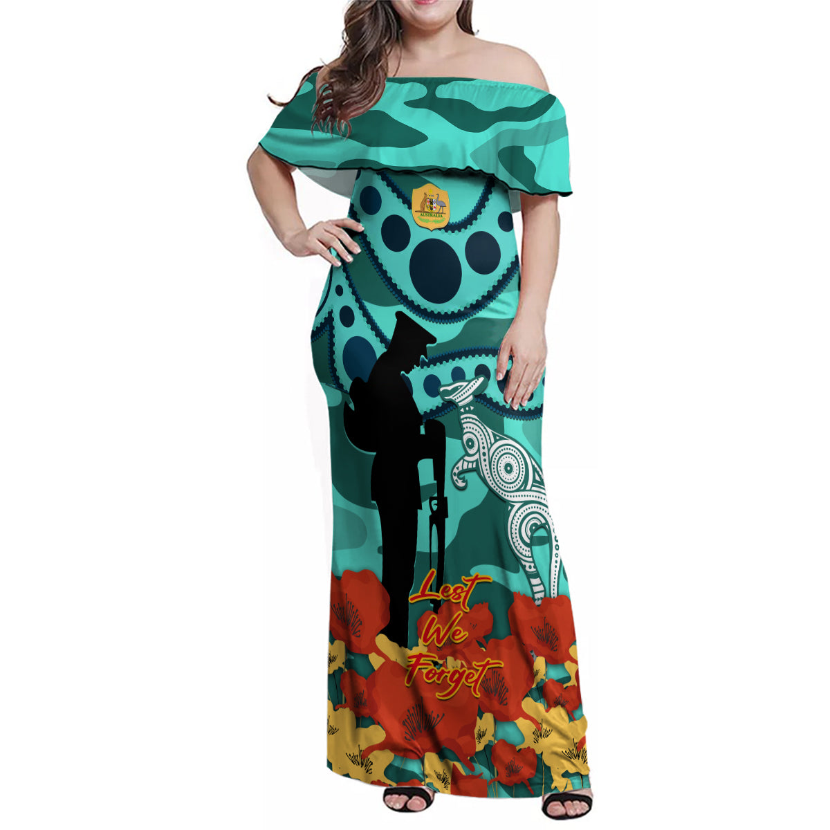 Custom Matildas ANZAC Day Family Matching Off Shoulder Maxi Dress and Hawaiian Shirt Lest We Forget Poppies Mix Camouflage Turquoise