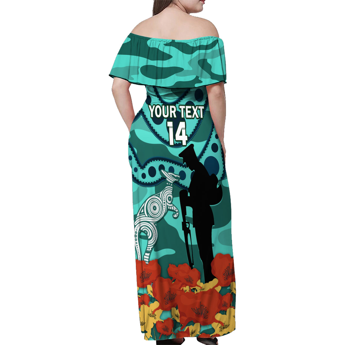 Custom Matildas ANZAC Day Family Matching Off Shoulder Maxi Dress and Hawaiian Shirt Lest We Forget Poppies Mix Camouflage Turquoise