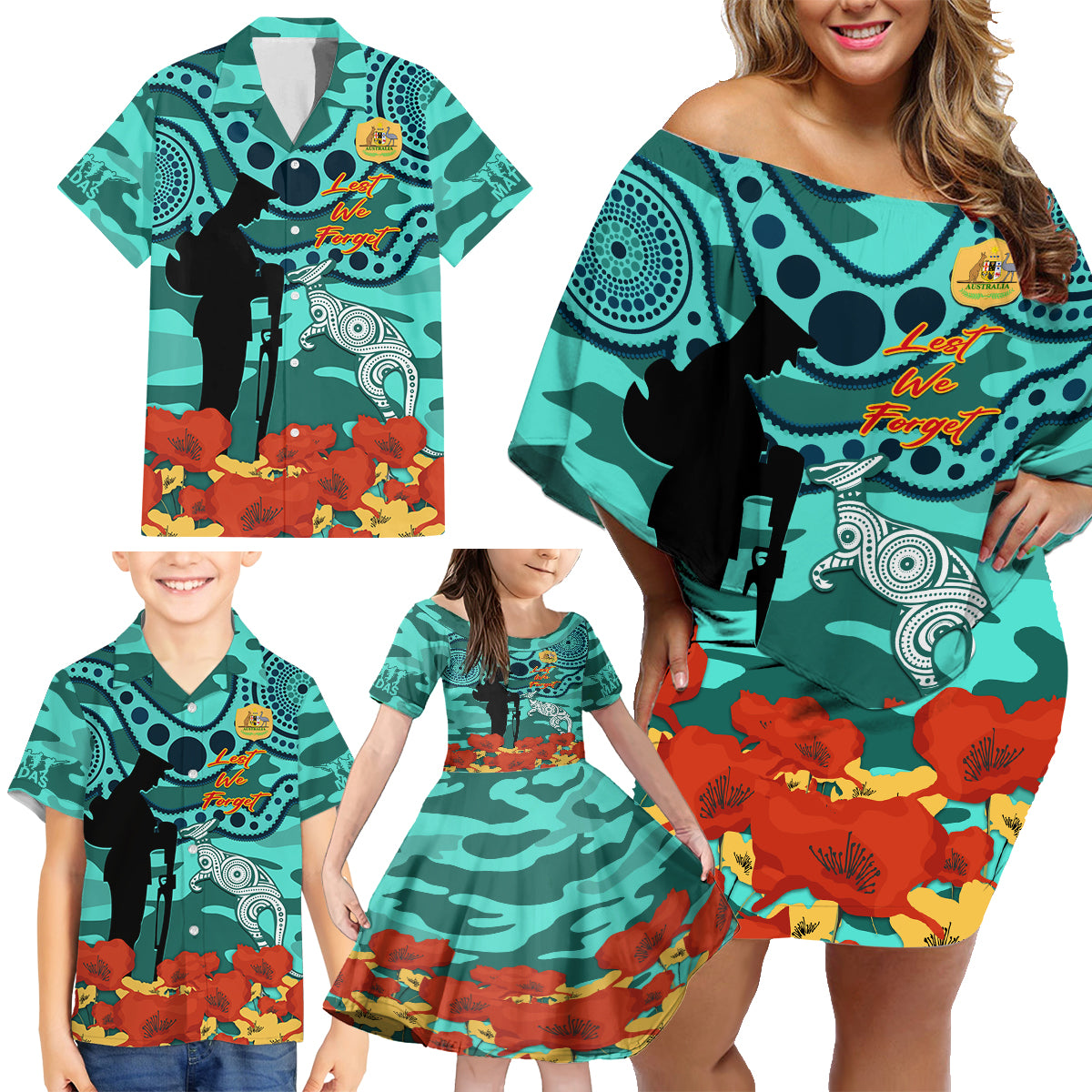 Custom Matildas ANZAC Day Family Matching Off Shoulder Short Dress and Hawaiian Shirt Lest We Forget Poppies Mix Camouflage Turquoise