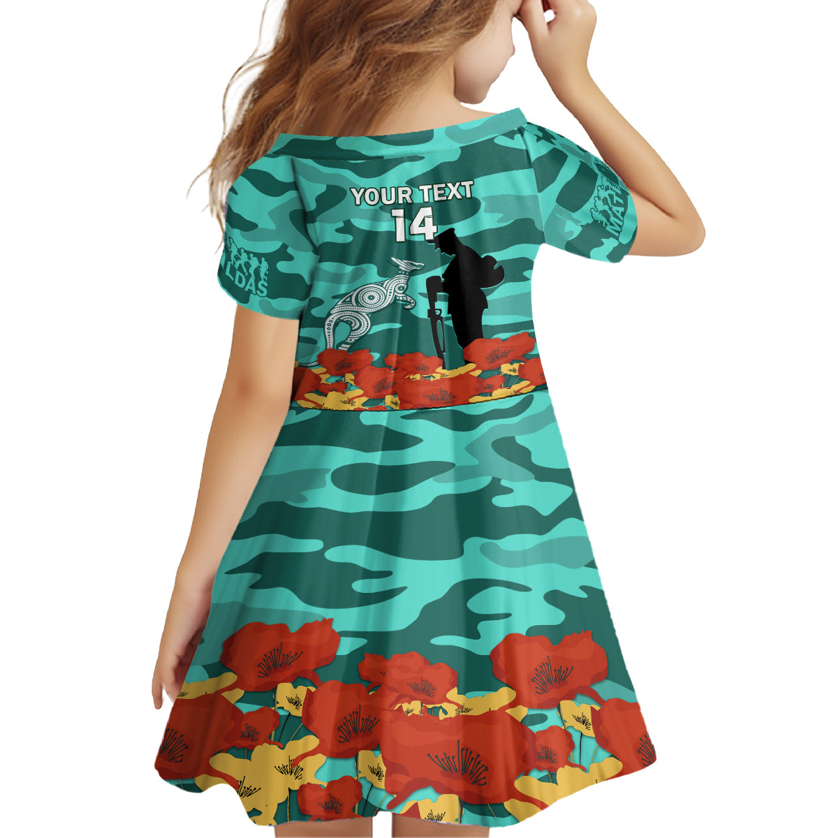 Custom Matildas ANZAC Day Family Matching Off Shoulder Short Dress and Hawaiian Shirt Lest We Forget Poppies Mix Camouflage Turquoise