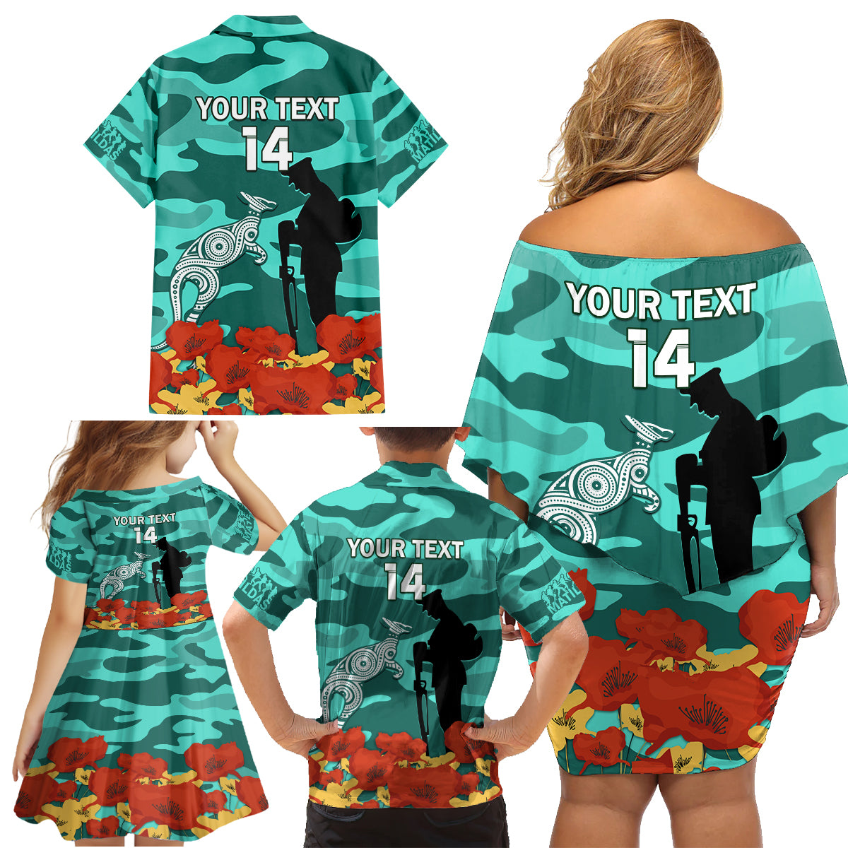 Custom Matildas ANZAC Day Family Matching Off Shoulder Short Dress and Hawaiian Shirt Lest We Forget Poppies Mix Camouflage Turquoise