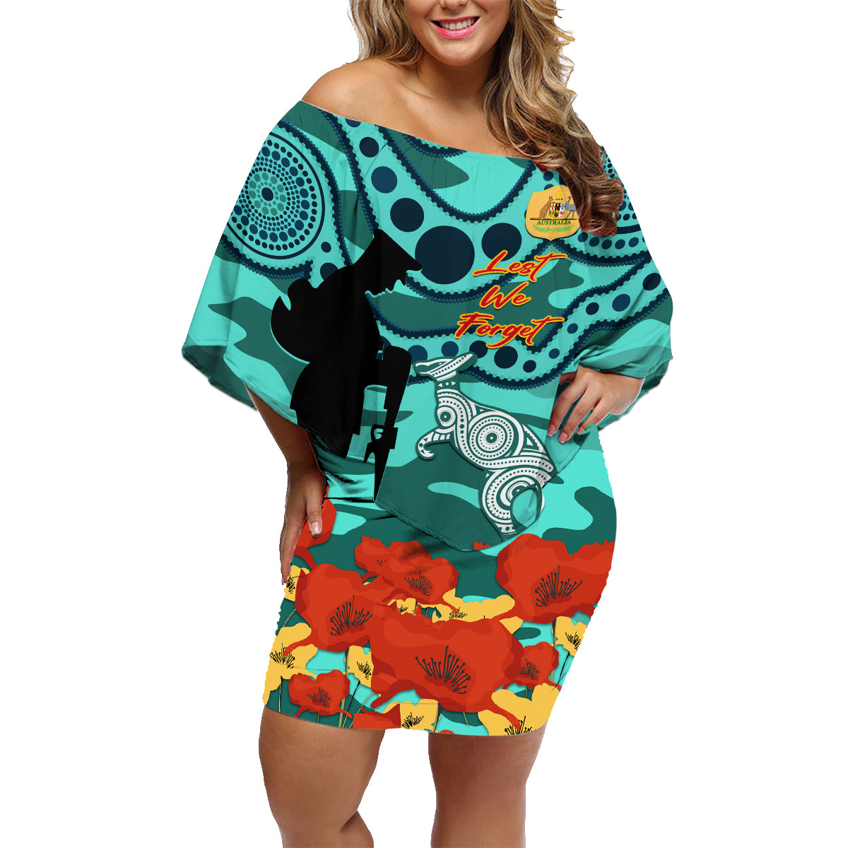 Custom Matildas ANZAC Day Family Matching Off Shoulder Short Dress and Hawaiian Shirt Lest We Forget Poppies Mix Camouflage Turquoise