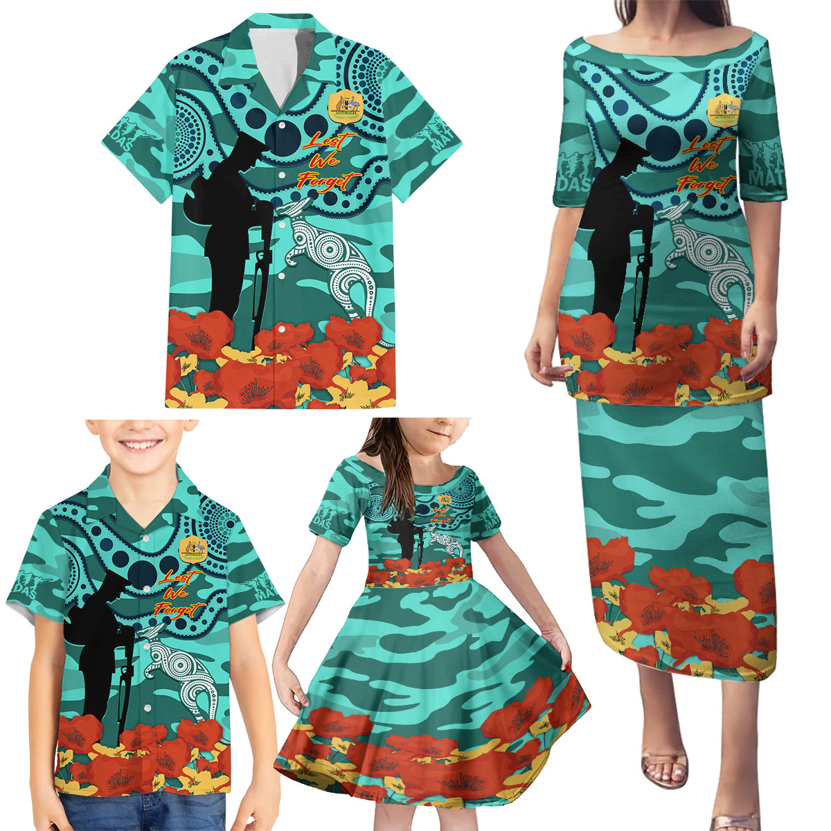 Custom Matildas ANZAC Day Family Matching Puletasi and Hawaiian Shirt Lest We Forget Poppies Mix Camouflage Turquoise