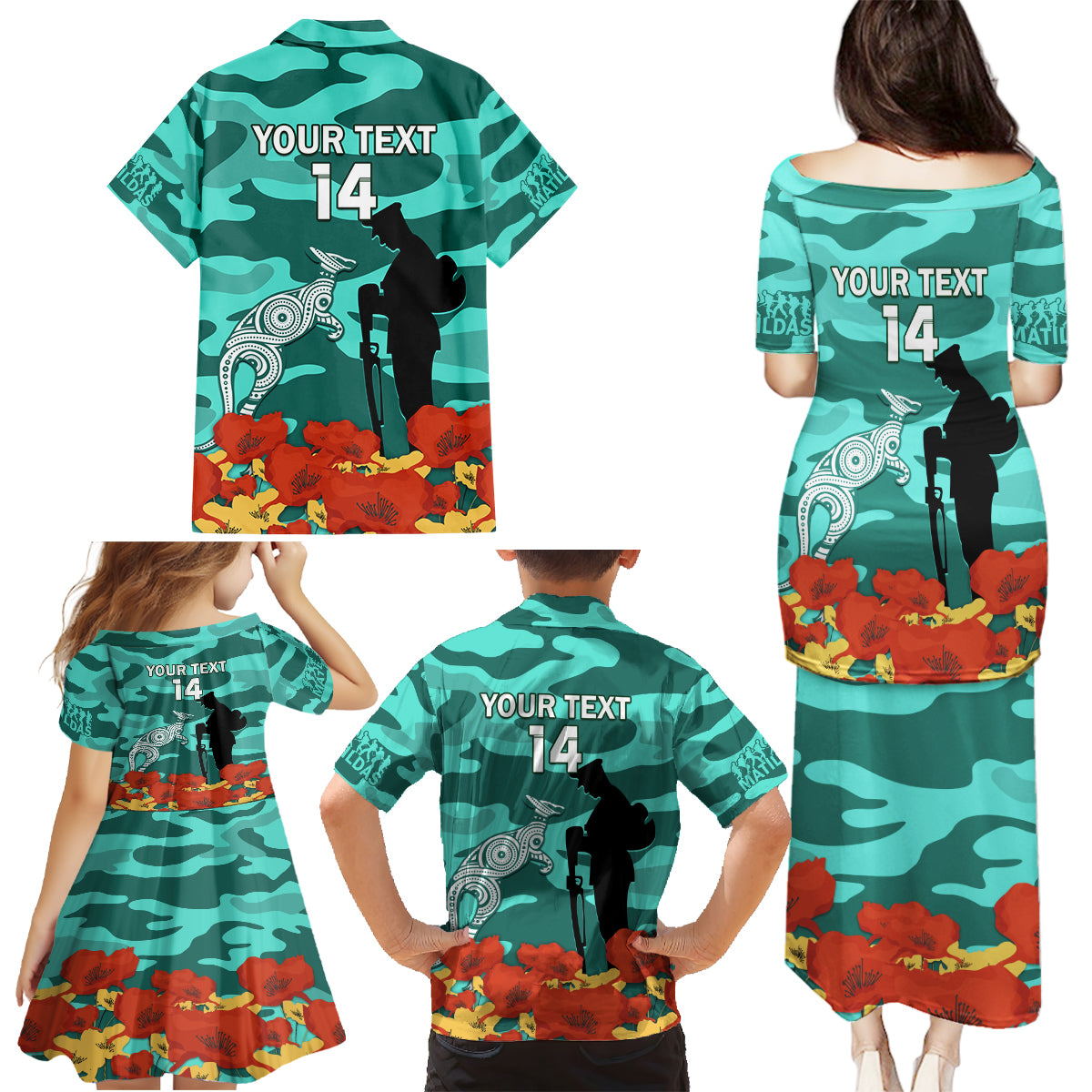 Custom Matildas ANZAC Day Family Matching Puletasi and Hawaiian Shirt Lest We Forget Poppies Mix Camouflage Turquoise