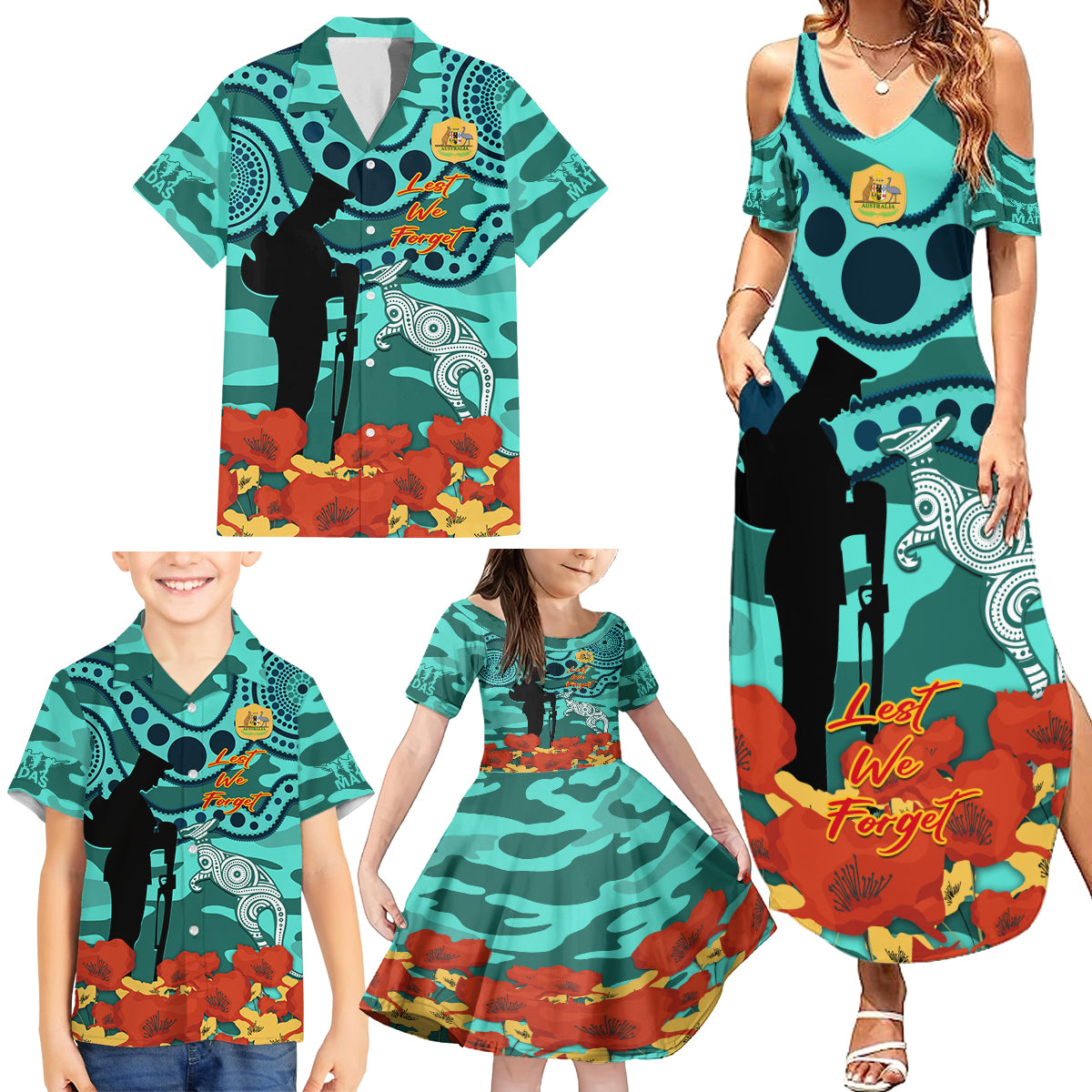 Custom Matildas ANZAC Day Family Matching Summer Maxi Dress and Hawaiian Shirt Lest We Forget Poppies Mix Camouflage Turquoise