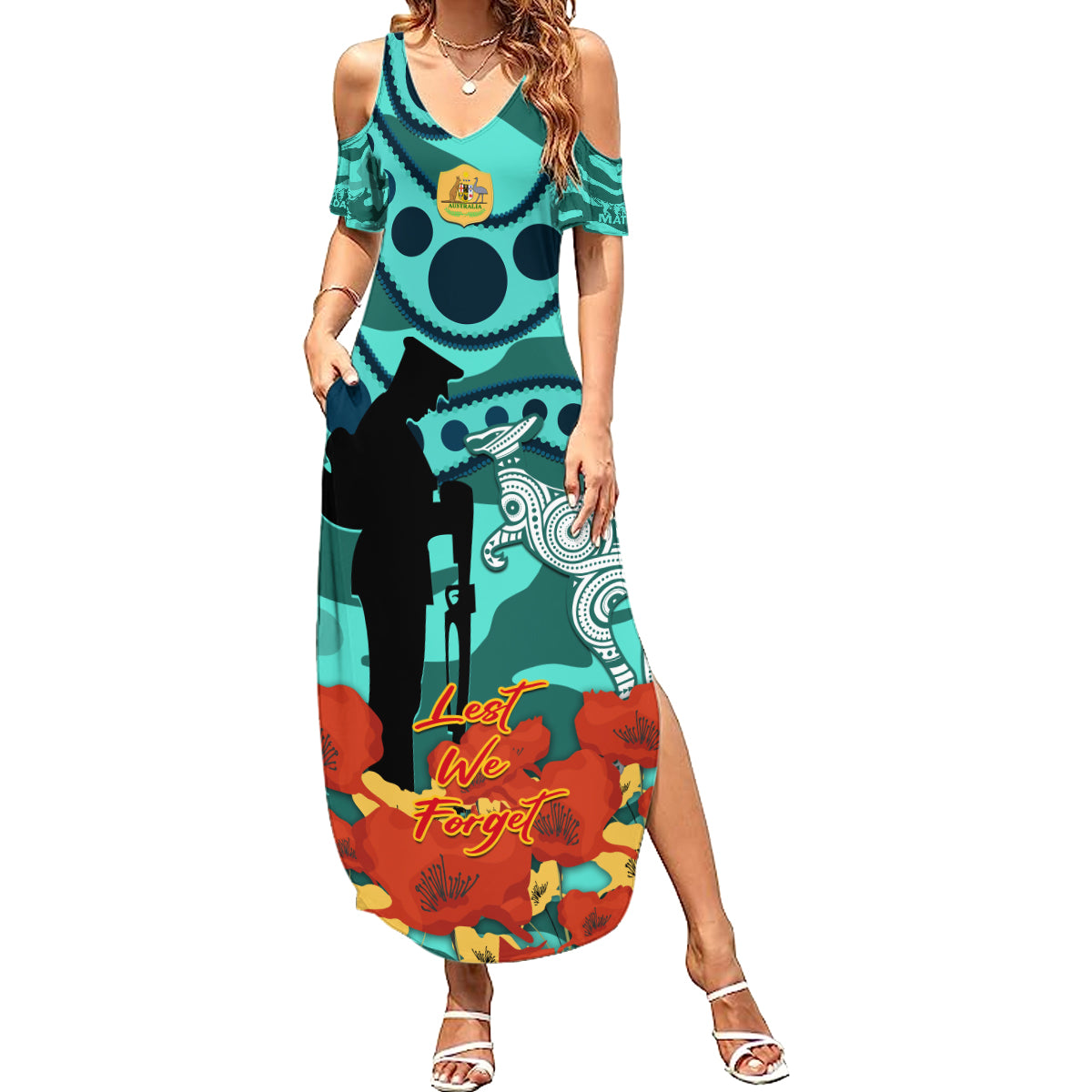 Custom Matildas ANZAC Day Family Matching Summer Maxi Dress and Hawaiian Shirt Lest We Forget Poppies Mix Camouflage Turquoise