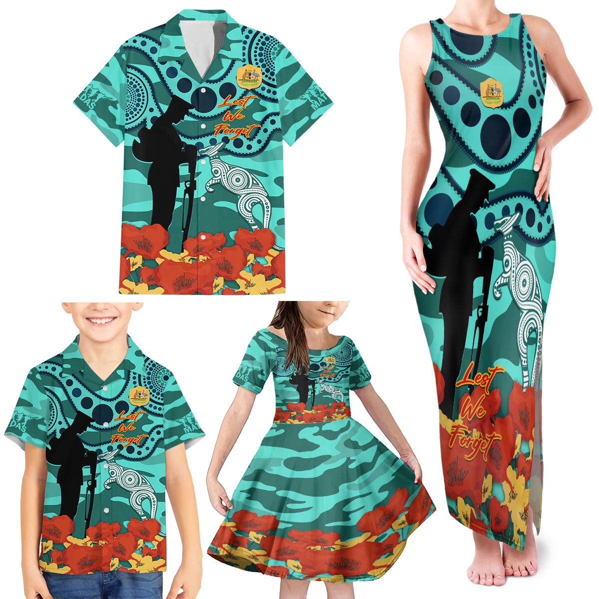 Custom Matildas ANZAC Day Family Matching Tank Maxi Dress and Hawaiian Shirt Lest We Forget Poppies Mix Camouflage Turquoise