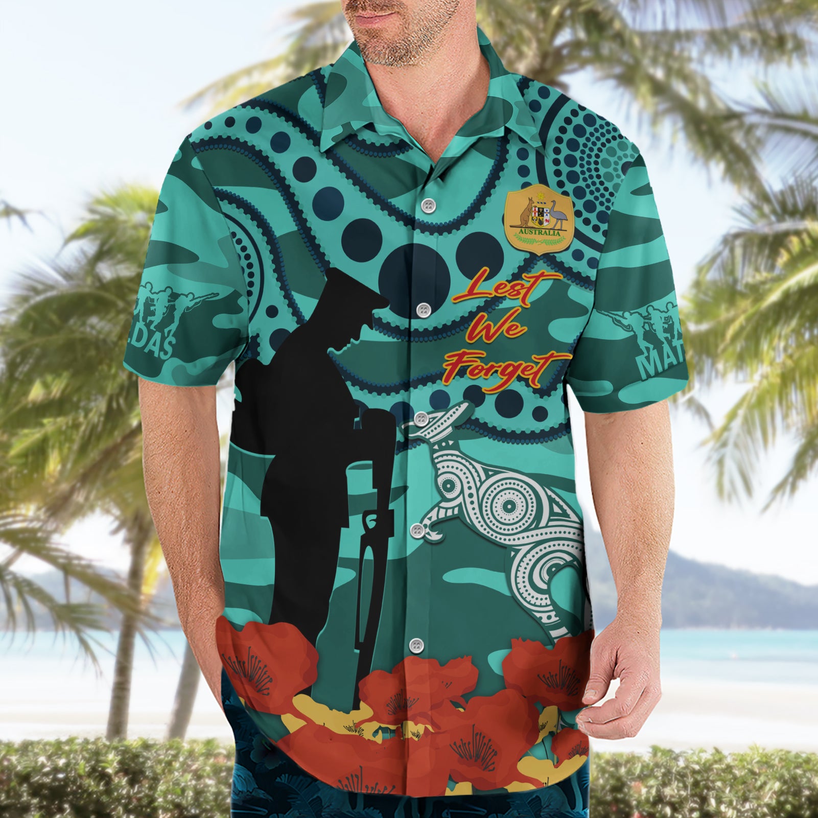 Custom Matildas ANZAC Day Hawaiian Shirt Lest We Forget Poppies Mix Camouflage Turquoise - Vibe Hoodie Shop