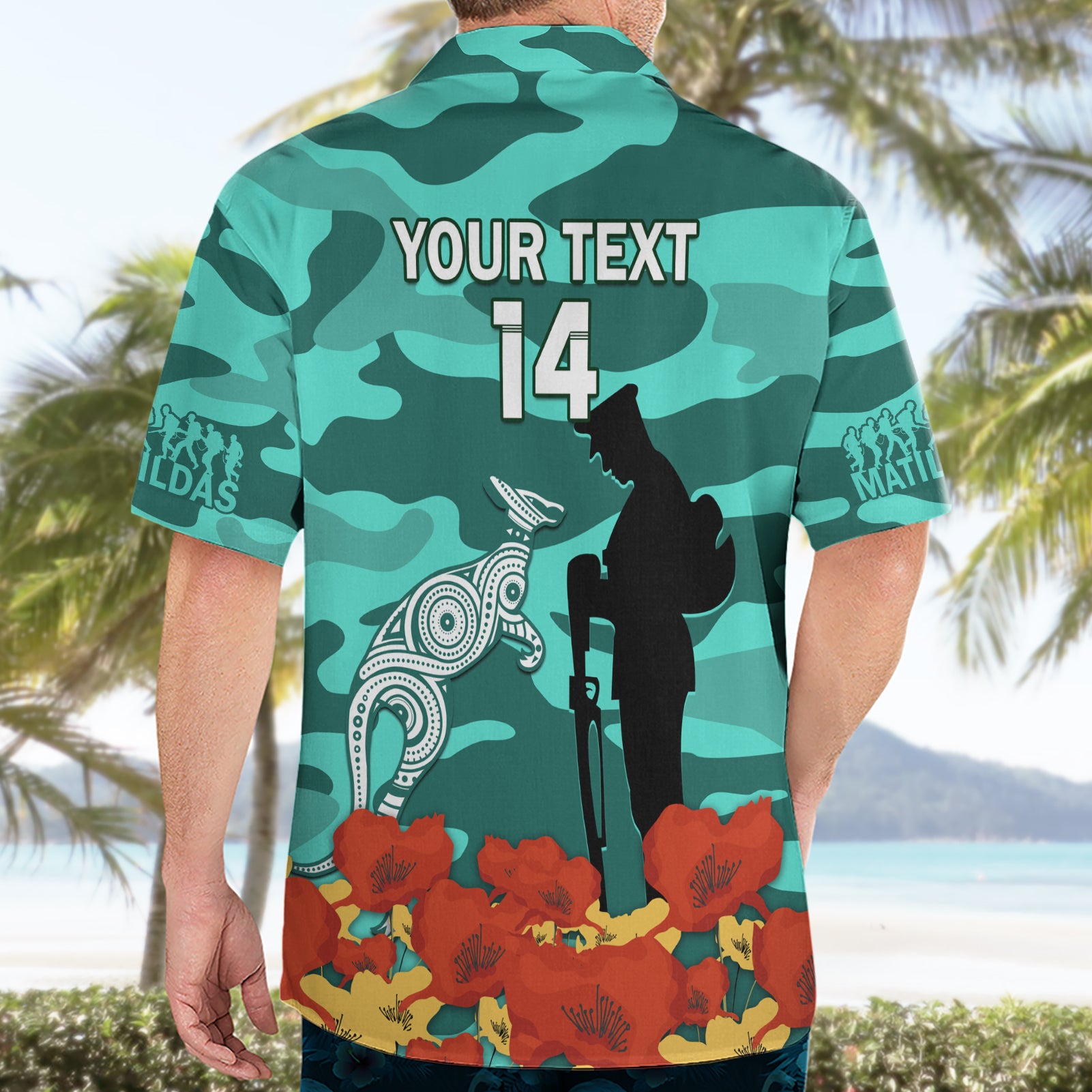 Custom Matildas ANZAC Day Hawaiian Shirt Lest We Forget Poppies Mix Camouflage Turquoise - Vibe Hoodie Shop