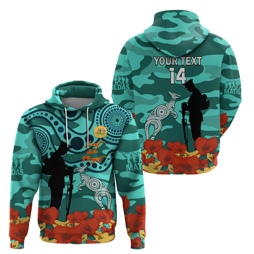 Custom Matildas ANZAC Day Hoodie Lest We Forget Poppies Mix Camouflage Turquoise - Vibe Hoodie Shop