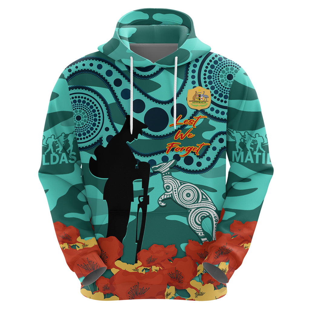 Custom Matildas ANZAC Day Hoodie Lest We Forget Poppies Mix Camouflage Turquoise - Vibe Hoodie Shop