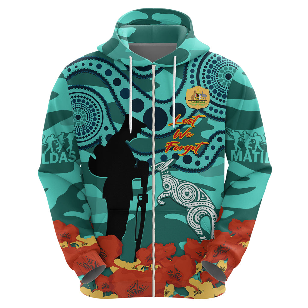 Custom Matildas ANZAC Day Hoodie Lest We Forget Poppies Mix Camouflage Turquoise - Vibe Hoodie Shop