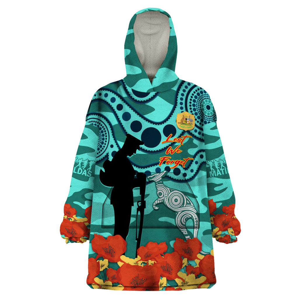 Custom Matildas ANZAC Day Wearable Blanket Hoodie Lest We Forget Poppies Mix Camouflage Turquoise - Vibe Hoodie Shop