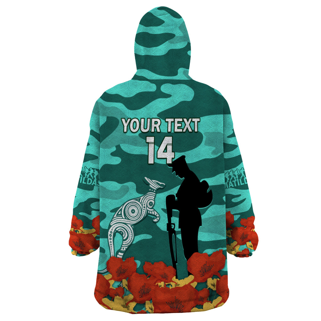 Custom Matildas ANZAC Day Wearable Blanket Hoodie Lest We Forget Poppies Mix Camouflage Turquoise - Vibe Hoodie Shop