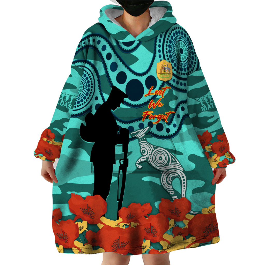 Custom Matildas ANZAC Day Wearable Blanket Hoodie Lest We Forget Poppies Mix Camouflage Turquoise - Vibe Hoodie Shop