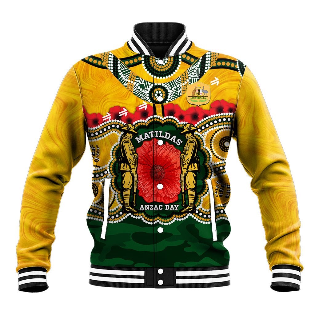 Matildas ANZAC Day 2024 Baseball Jacket Australian Army We Will Remember Them Aboriginal Art - Vibe Hoodie Shop