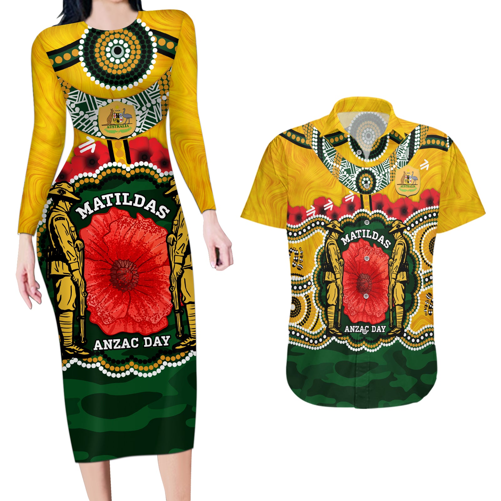 Matildas ANZAC Day 2024 Couples Matching Long Sleeve Bodycon Dress and Hawaiian Shirt Australian Army We Will Remember Them Aboriginal Art