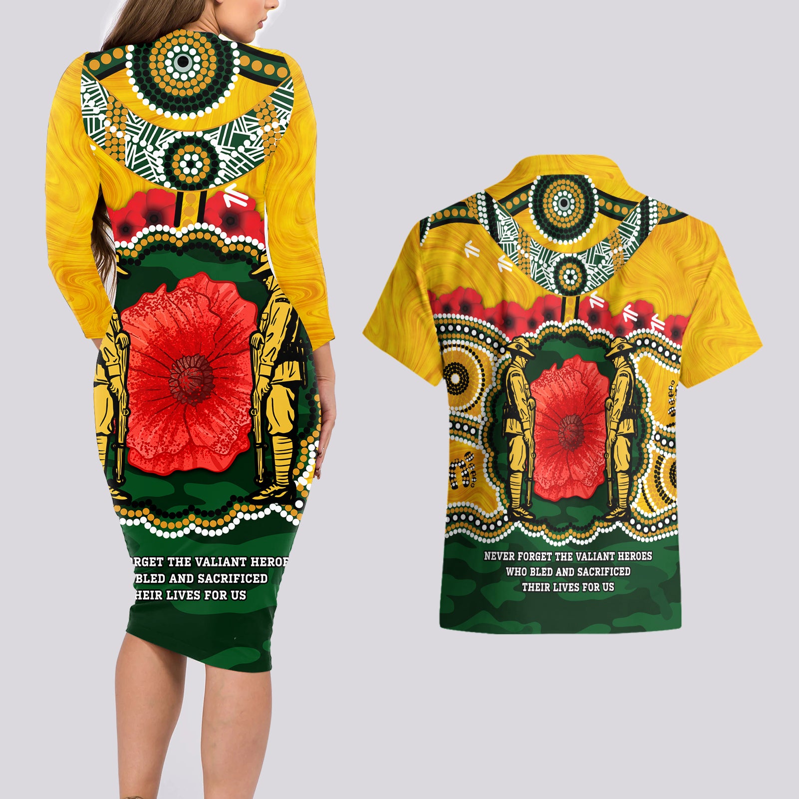 Matildas ANZAC Day 2024 Couples Matching Long Sleeve Bodycon Dress and Hawaiian Shirt Australian Army We Will Remember Them Aboriginal Art