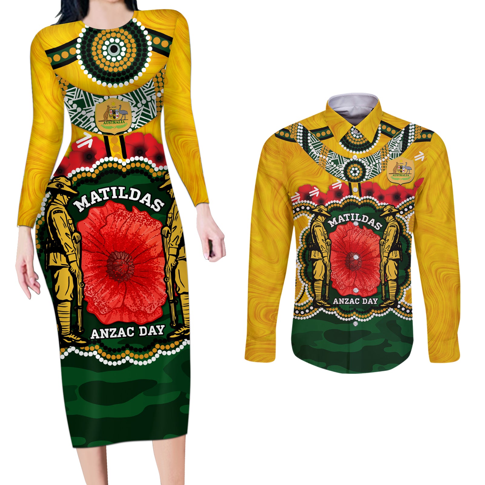 Matildas ANZAC Day 2024 Couples Matching Long Sleeve Bodycon Dress and Long Sleeve Button Shirt Australian Army We Will Remember Them Aboriginal Art