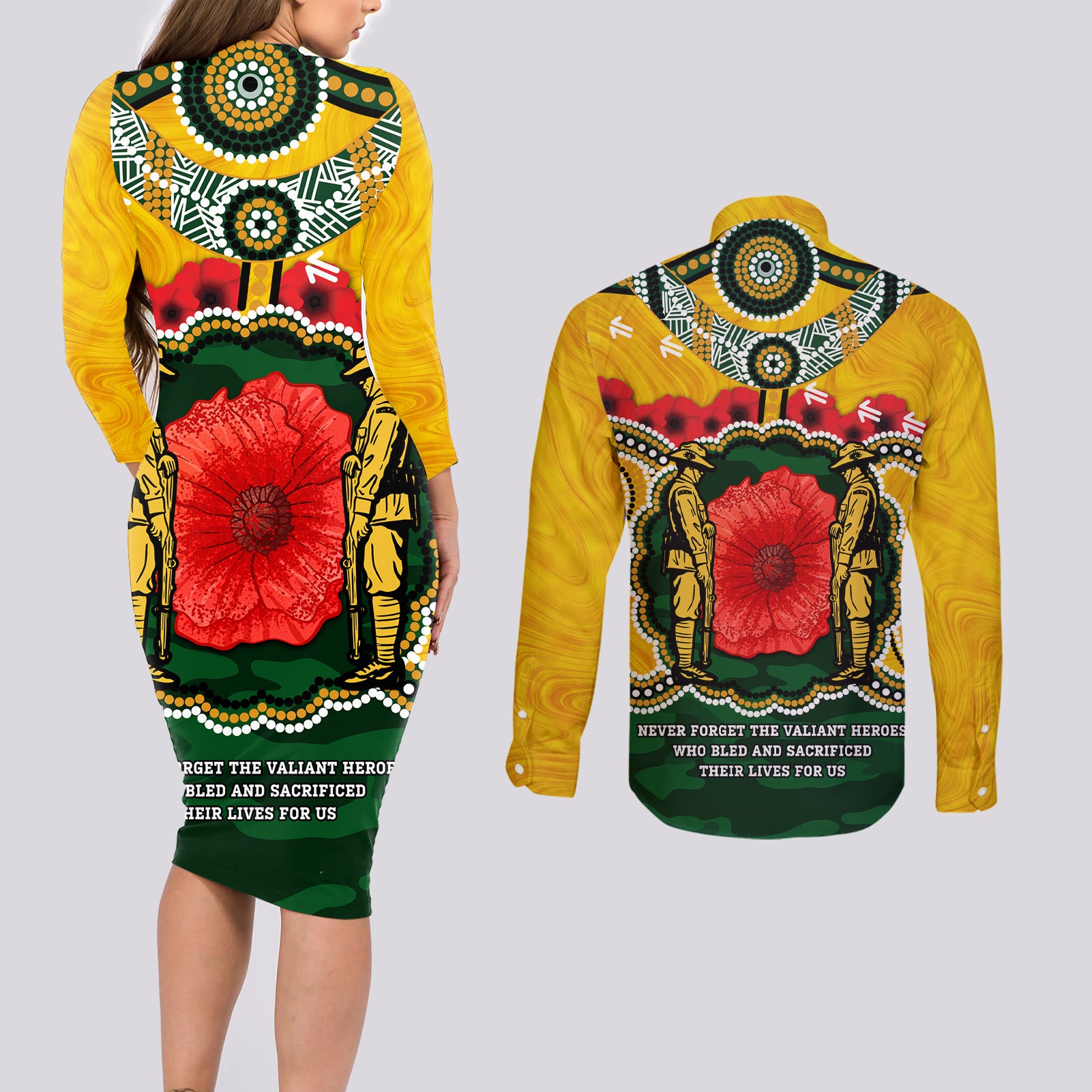 Matildas ANZAC Day 2024 Couples Matching Long Sleeve Bodycon Dress and Long Sleeve Button Shirt Australian Army We Will Remember Them Aboriginal Art