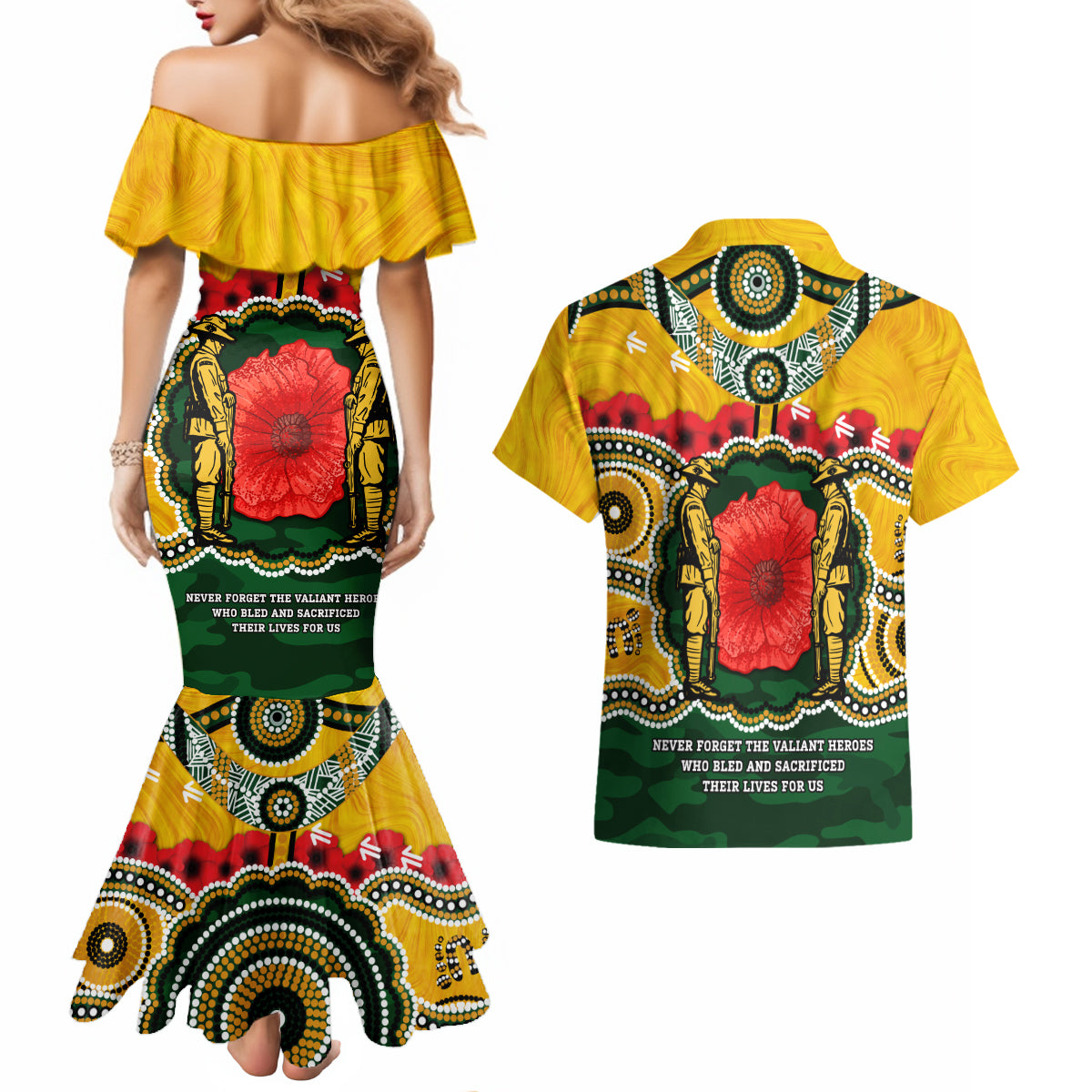 Matildas ANZAC Day 2024 Couples Matching Mermaid Dress and Hawaiian Shirt Australian Army We Will Remember Them Aboriginal Art