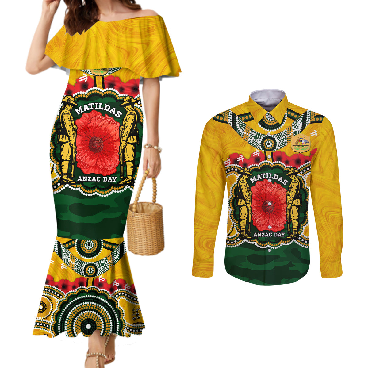 Matildas ANZAC Day 2024 Couples Matching Mermaid Dress and Long Sleeve Button Shirt Australian Army We Will Remember Them Aboriginal Art