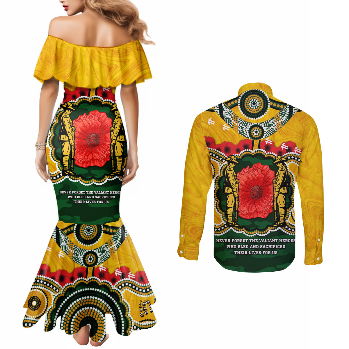Matildas ANZAC Day 2024 Couples Matching Mermaid Dress and Long Sleeve Button Shirt Australian Army We Will Remember Them Aboriginal Art