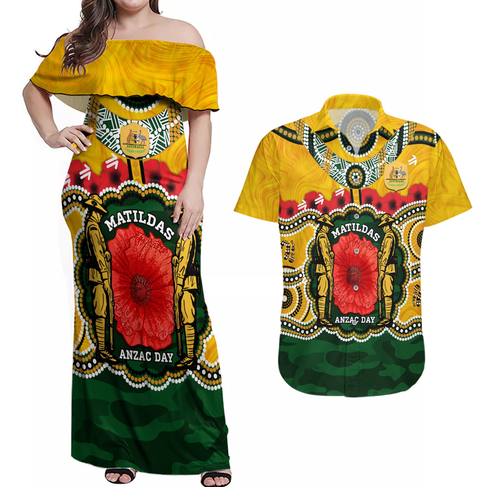 Matildas ANZAC Day 2024 Couples Matching Off Shoulder Maxi Dress and Hawaiian Shirt Australian Army We Will Remember Them Aboriginal Art