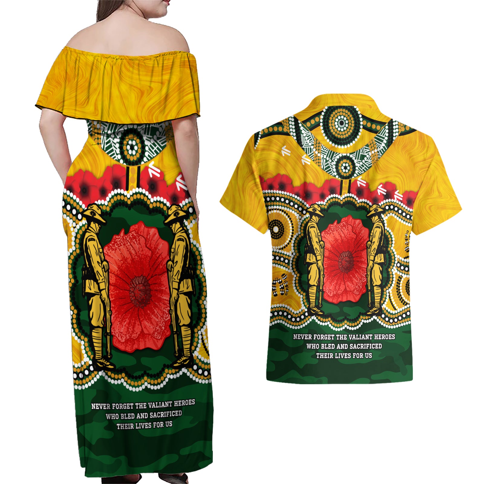 Matildas ANZAC Day 2024 Couples Matching Off Shoulder Maxi Dress and Hawaiian Shirt Australian Army We Will Remember Them Aboriginal Art