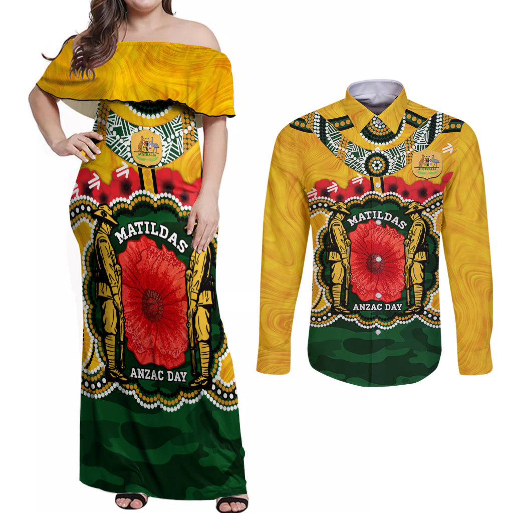 Matildas ANZAC Day 2024 Couples Matching Off Shoulder Maxi Dress and Long Sleeve Button Shirt Australian Army We Will Remember Them Aboriginal Art