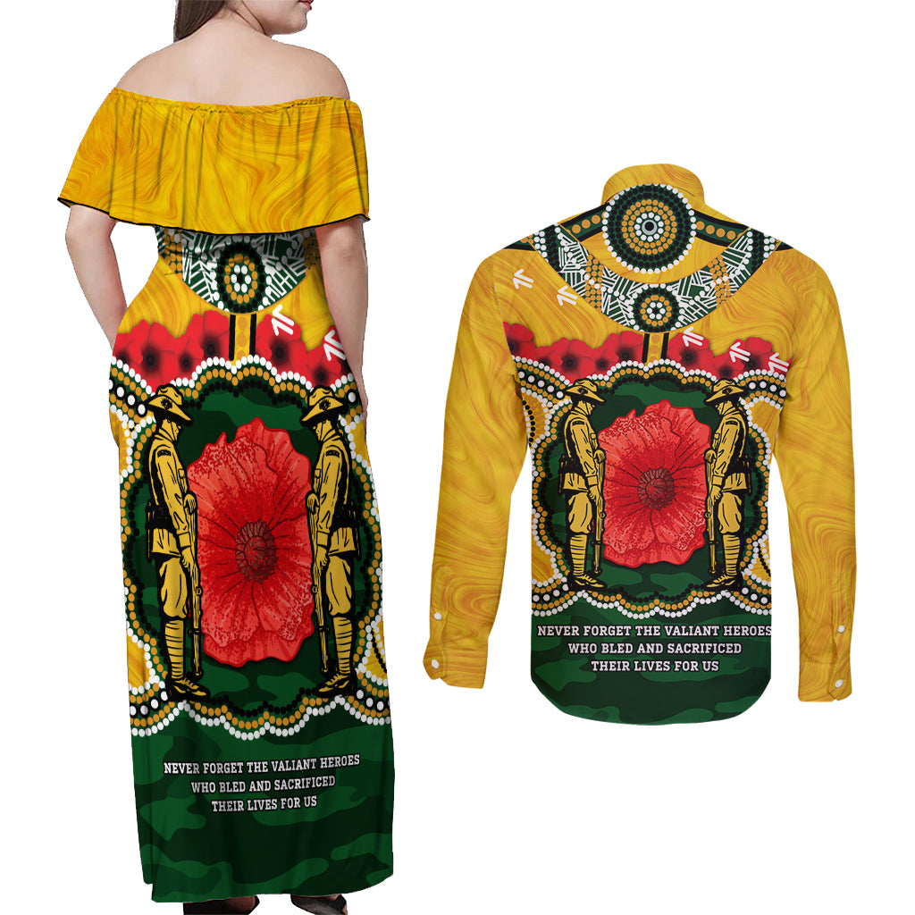 Matildas ANZAC Day 2024 Couples Matching Off Shoulder Maxi Dress and Long Sleeve Button Shirt Australian Army We Will Remember Them Aboriginal Art