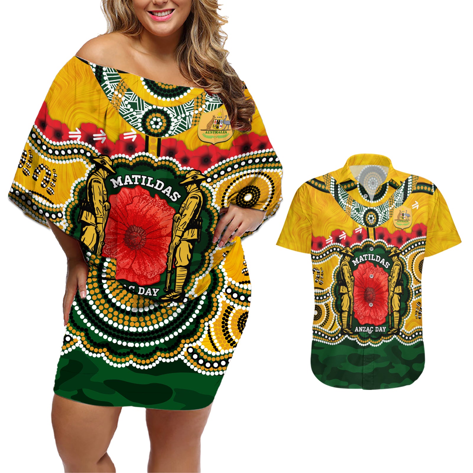 Matildas ANZAC Day 2024 Couples Matching Off Shoulder Short Dress and Hawaiian Shirt Australian Army We Will Remember Them Aboriginal Art