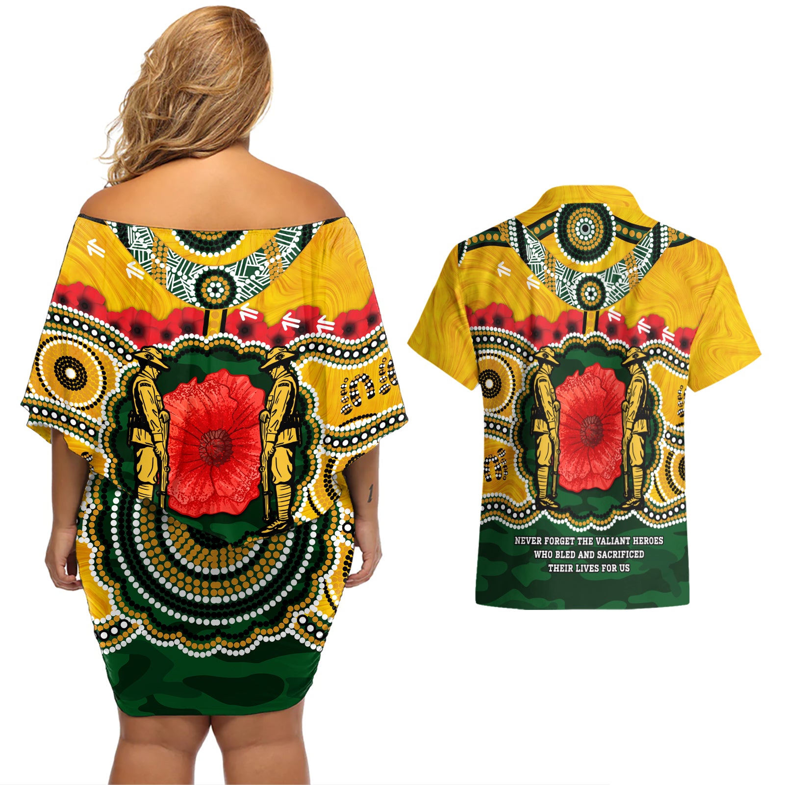 Matildas ANZAC Day 2024 Couples Matching Off Shoulder Short Dress and Hawaiian Shirt Australian Army We Will Remember Them Aboriginal Art